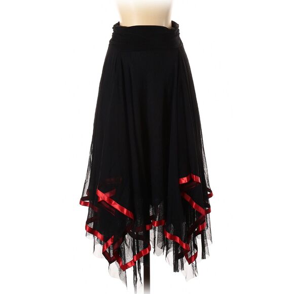 PRADA Vintage Midi Skirt Mesh Handkerchief Hem Pull On Skirt Black Red Sz S - Picture 2 of 7